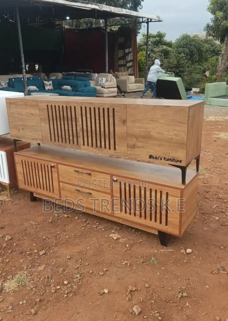 Modern Wooden TV Stand With Slatted Doors