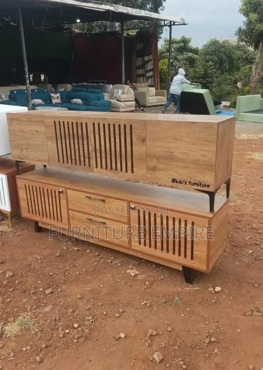 Modern Wooden TV Stand With Slatted Doors
