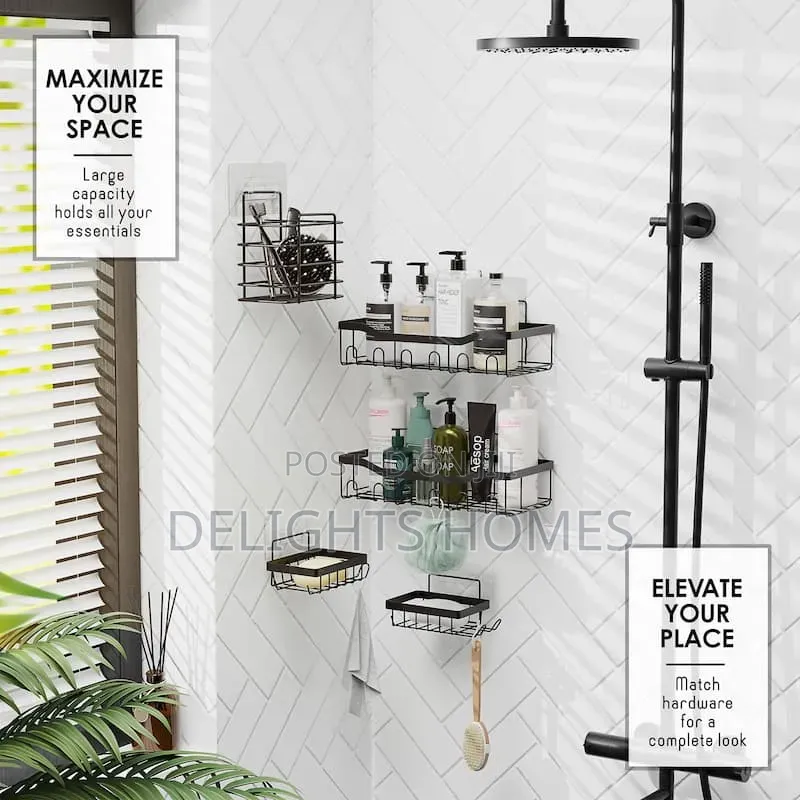 Rectangular 5in1 Metallic Bathroom Shelf Organizer Shower Caddy Set