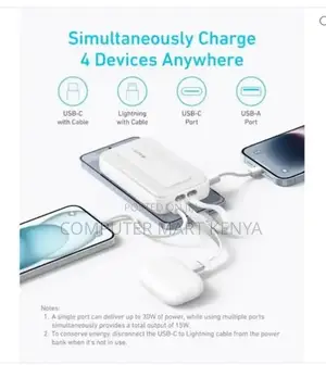 Anker ()mAh, 30W High Speed Power Bank Built in USB-C Cable(White)