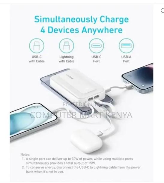 Anker ()mAh, 30W High Speed Power Bank Built in USB-C Cable(White) - thumbnail 2