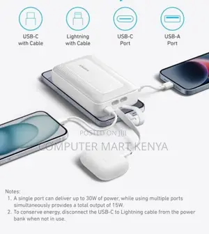 Anker Power Bank (, 30w, Built-in USB-C Cable) White* (Powerbank