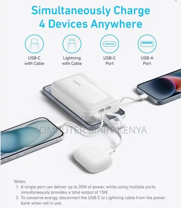 Anker Wireless Power Bank 30W Built-in USB-C Cable White