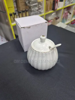 Gold Rimmed Ceramic Sugar Dish With Spoon