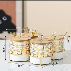 4 PCS Ceramic Canister Set With Gold Stand and Bamboo Lid