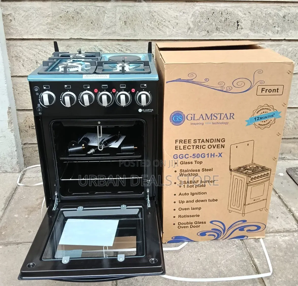 GLAMSTAR Black 50×55 Standing Cooker – 3 Gas + 1 Electric Plate