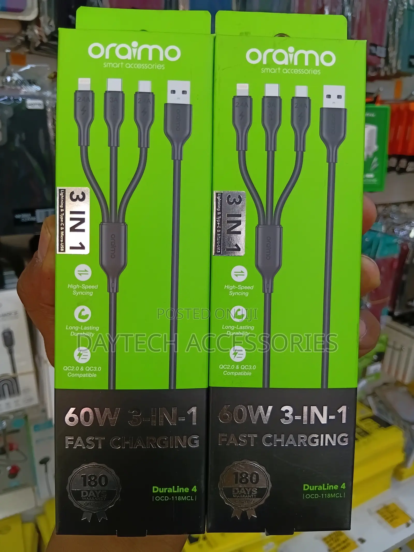 Oraimo 60W 3-in-1 Fast Charging Cable – Type-C, Lightning Micro USB