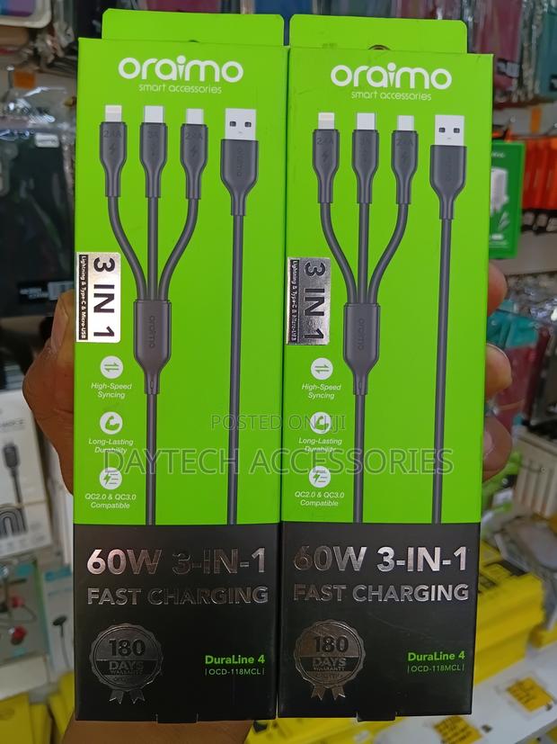 Oraimo 60W 3-in-1 Fast Charging Cable – Type-C, Lightning Micro USB