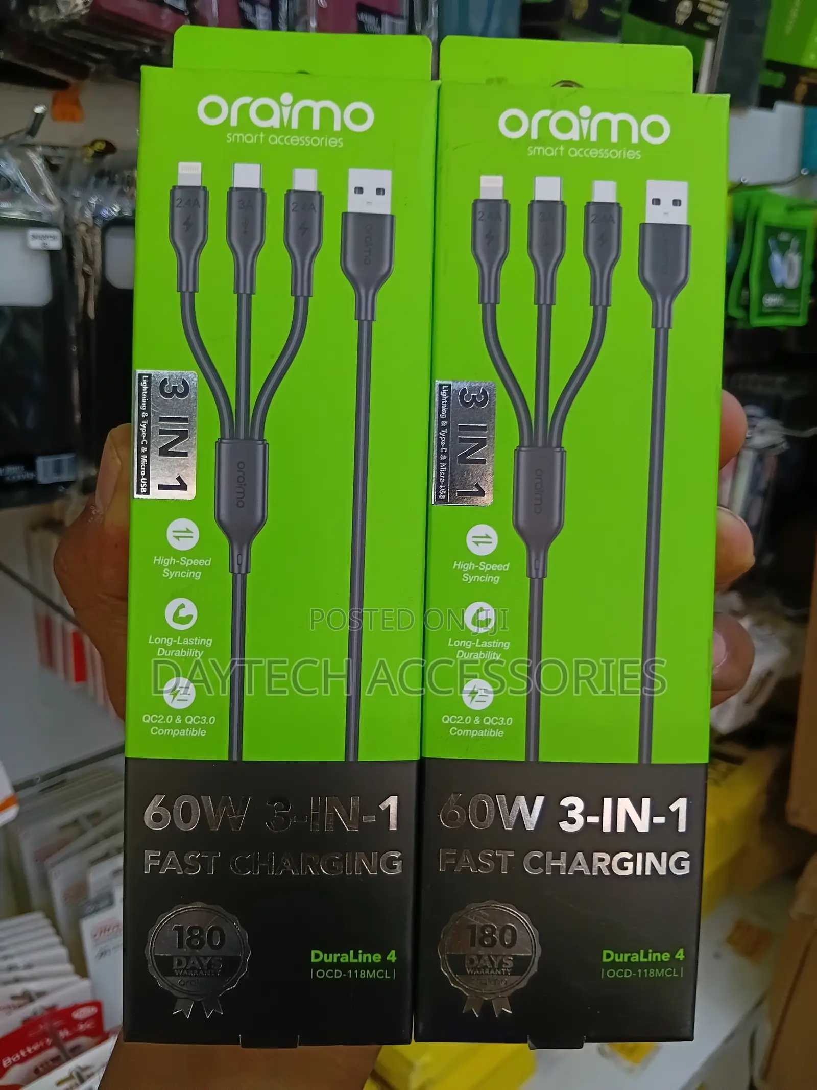 Oraimo 60W 3-in-1 Fast Charging Cable – Type-C, Lightning Micro USB