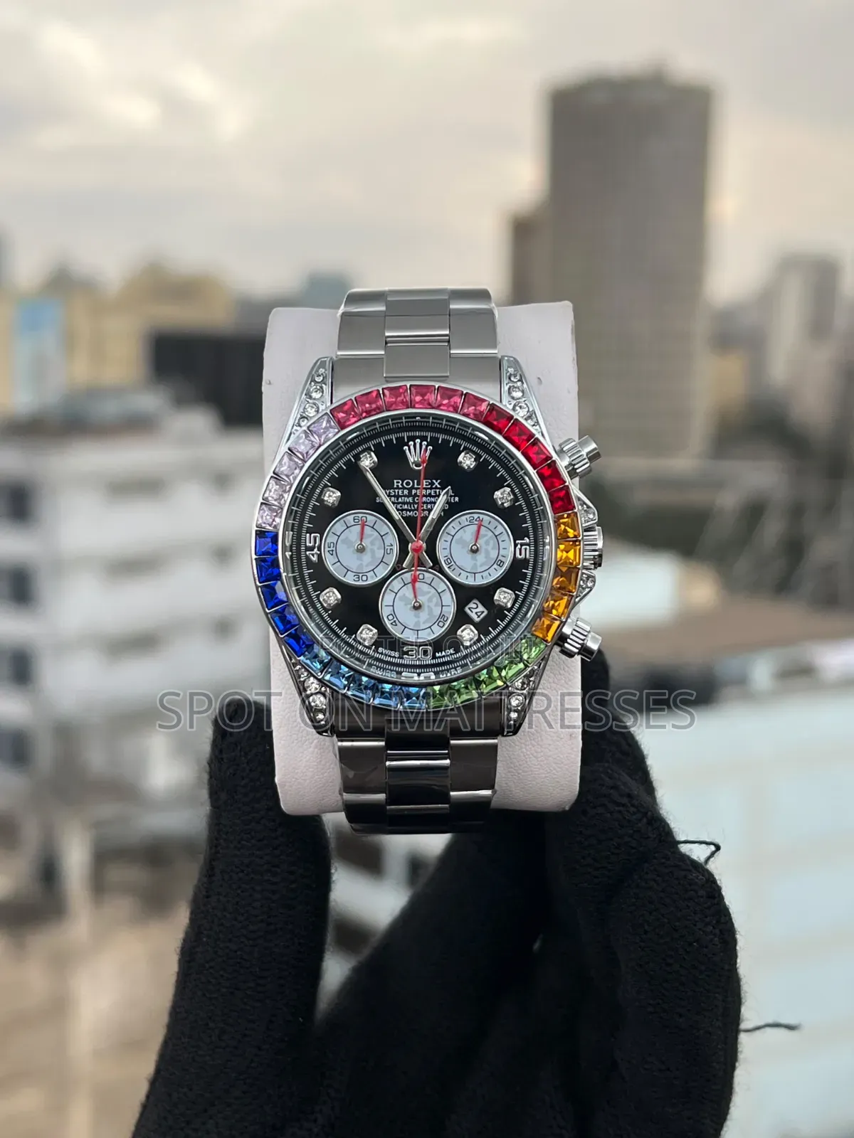 Rolex Daytona Rainbow Watch. Available in Silver and Gold.