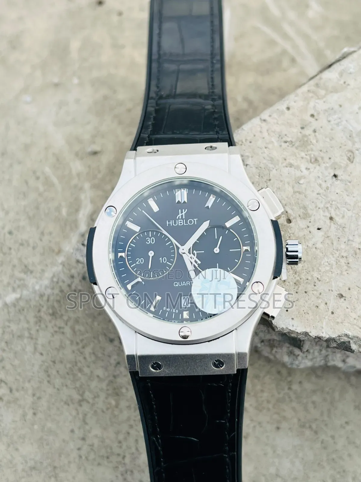 Hublot Geneve Chronograph Watch. Available in Grey and Black.