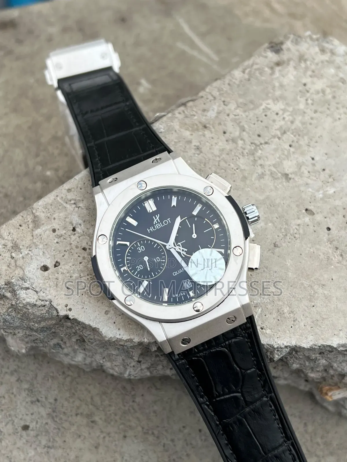 Hublot Geneve Chronograph Watch. Available in Grey and Black.