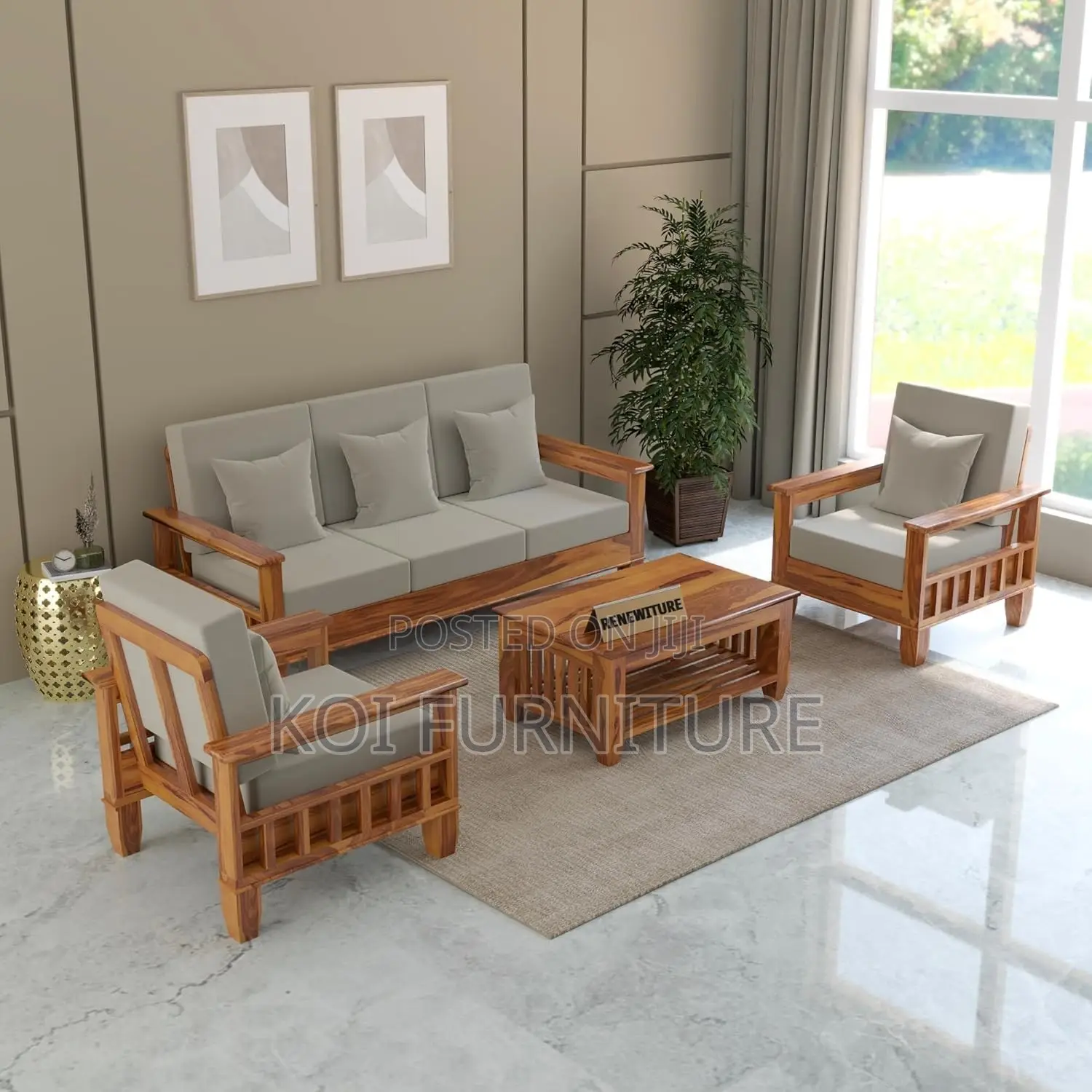 Sofa Set; Six Seaters Heavy Cushioned With Mahogany Finish Line