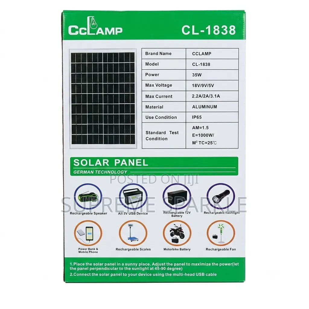 Cclamp 35w Solar Panel Cl-1838 Multi-Voltage 18v 9v 5v