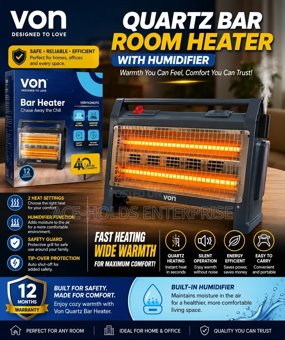 Von Quartz Bar Room Heater With Humidifier- 1600watts