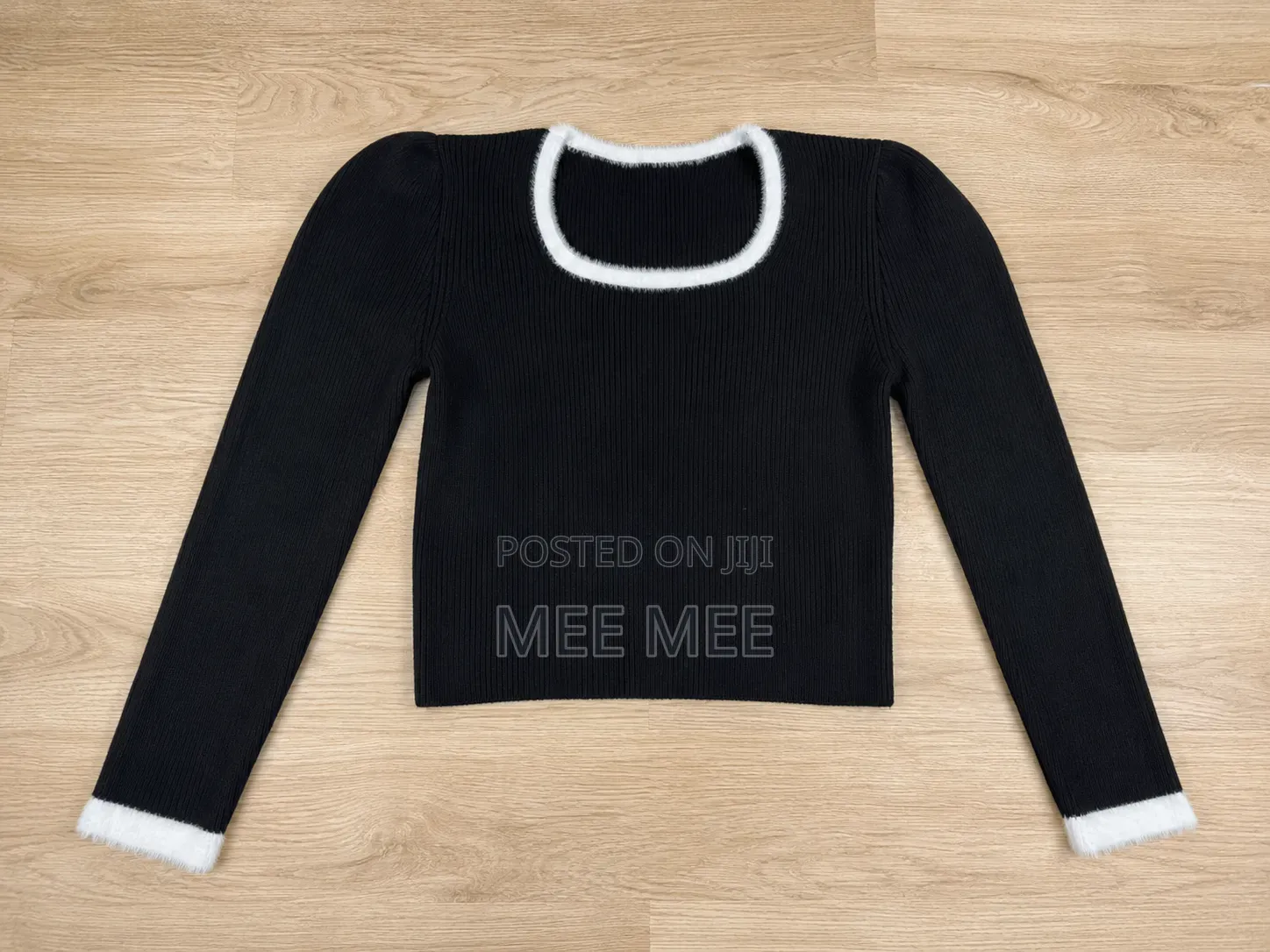Black Ribbed Ladies Sweater Top With Fur Trim