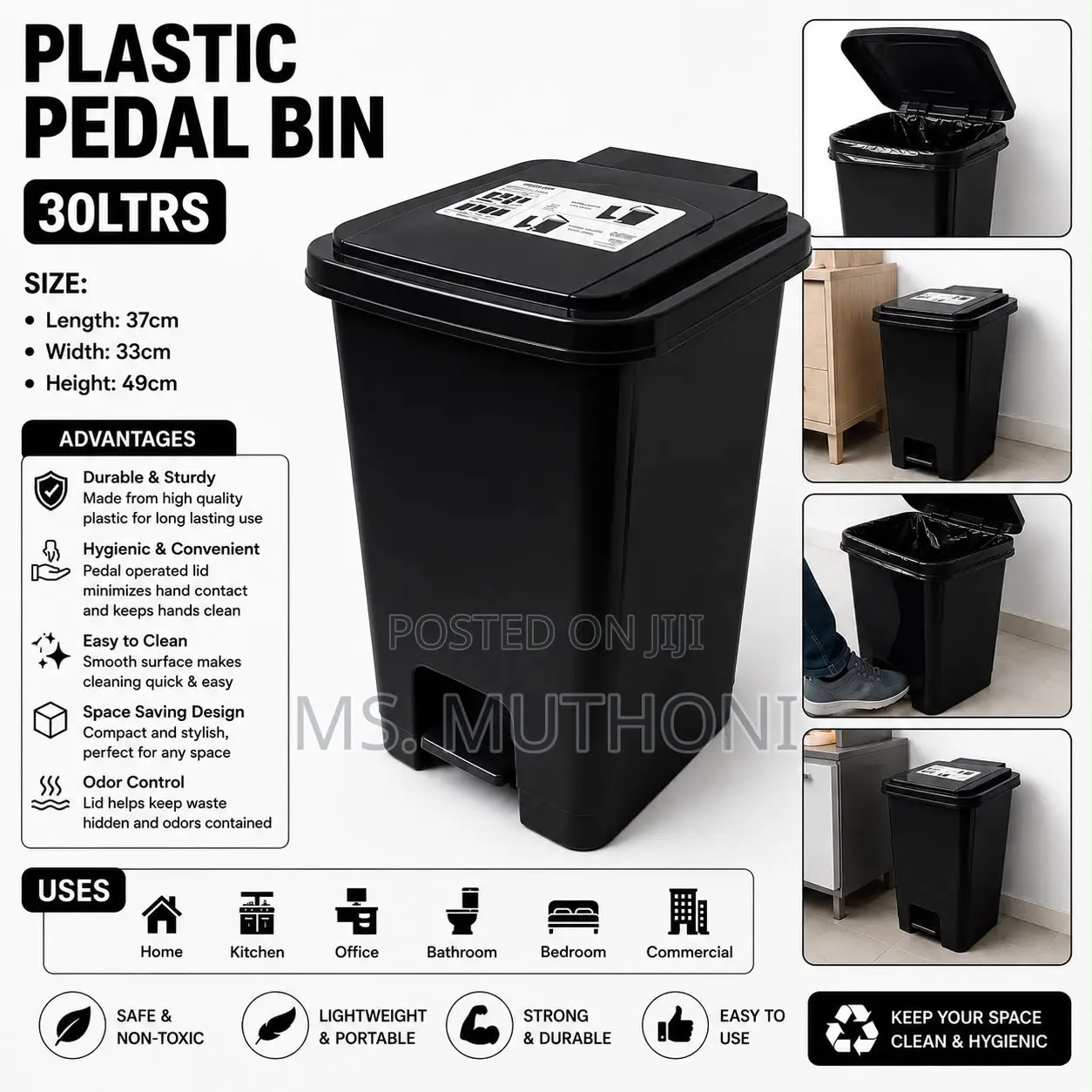 Black 30 Litres Pedal Bin – (Plain)