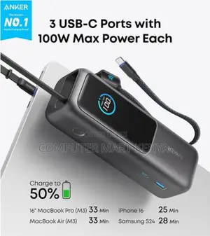 Anker Power Bank (25,000mAh, 165W, Built-in Retractable Cables) –Black