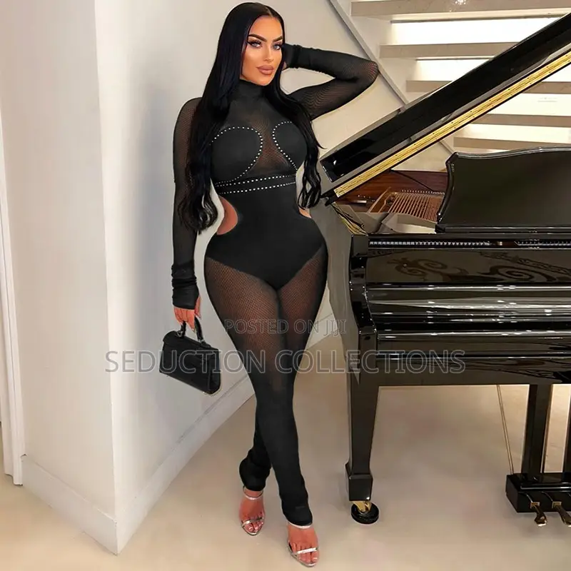 Black High Neck Rhinestone Split Dress