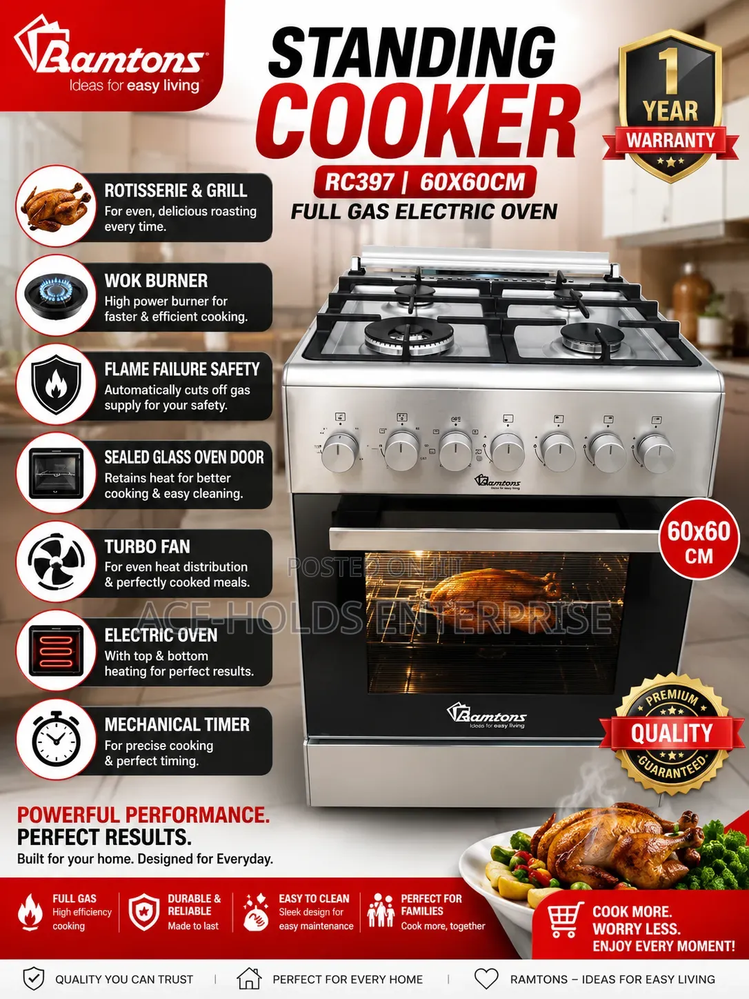 Ramtons Standing Cooker RC/397 60*60 Full Gas With Electric Oven