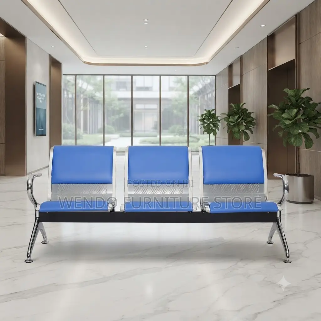 Office Benches; Three Seaters Leather Reception Bench With Metal Rest