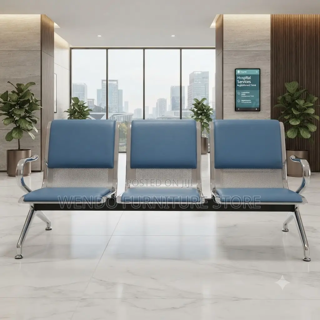 Office Benches; Three Seaters Leather Reception Bench With Metal Rest
