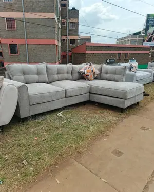 5 Seater Grey Tufted L-Shaped Sofa + Throw Pillows: Pay on Delivery