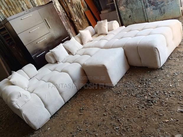 Cream 7-Seater L-Shaped Bubble Sofa + Ottoman