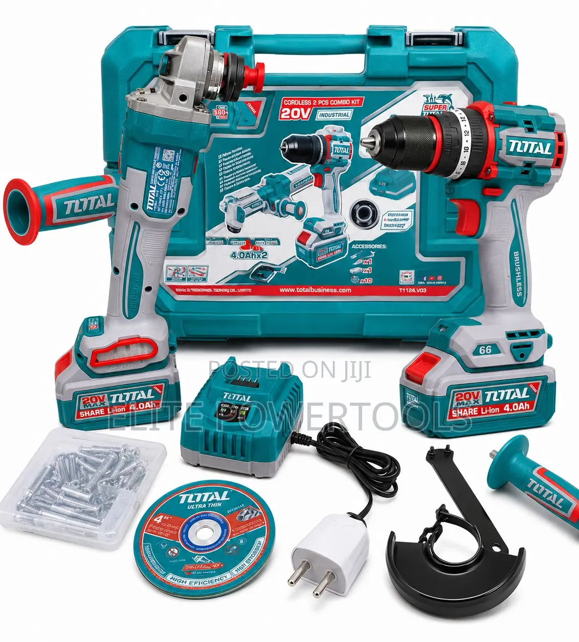 TOTAL 20V Cordless Drill 4" Angle Grinder Combo Kit