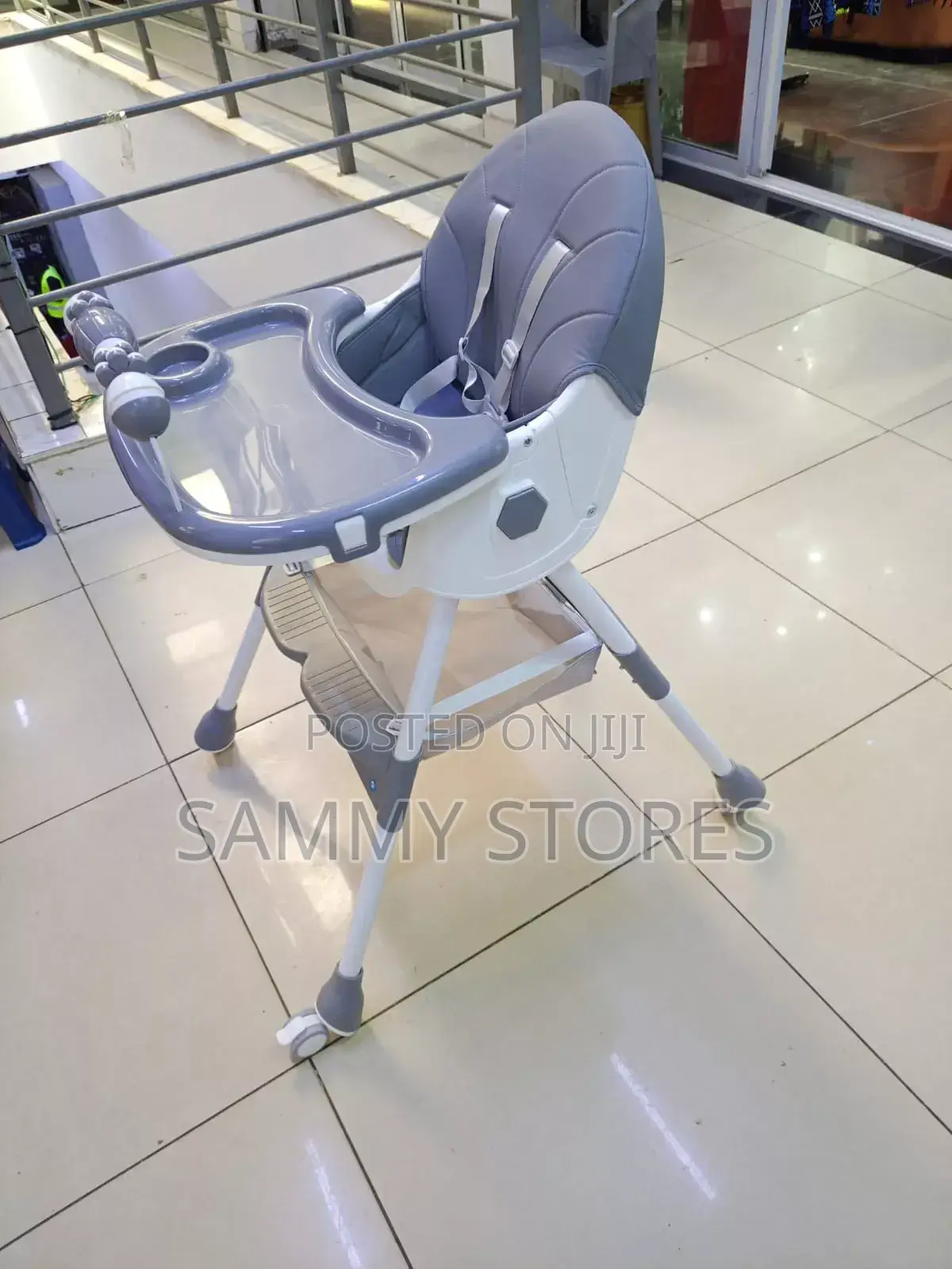 Foldable Baby High Chair With Double Feeding Storage Basket – Grey