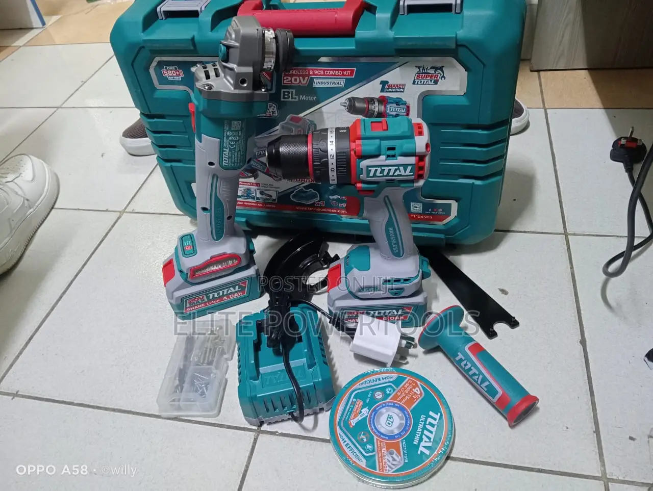 TOTAL 20V Cordless Drill 4" Angle Grinder Combo Kit