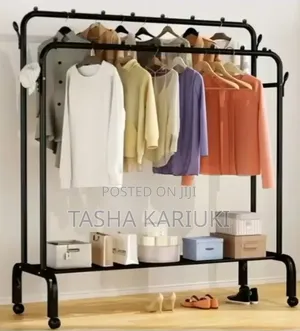 Double Pole Cloth Rack With Wheels and Shoe Rack