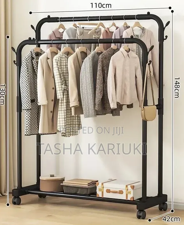 Cloth Rack With Wheels and Lower Storage Shelf for Shoes or Boxes