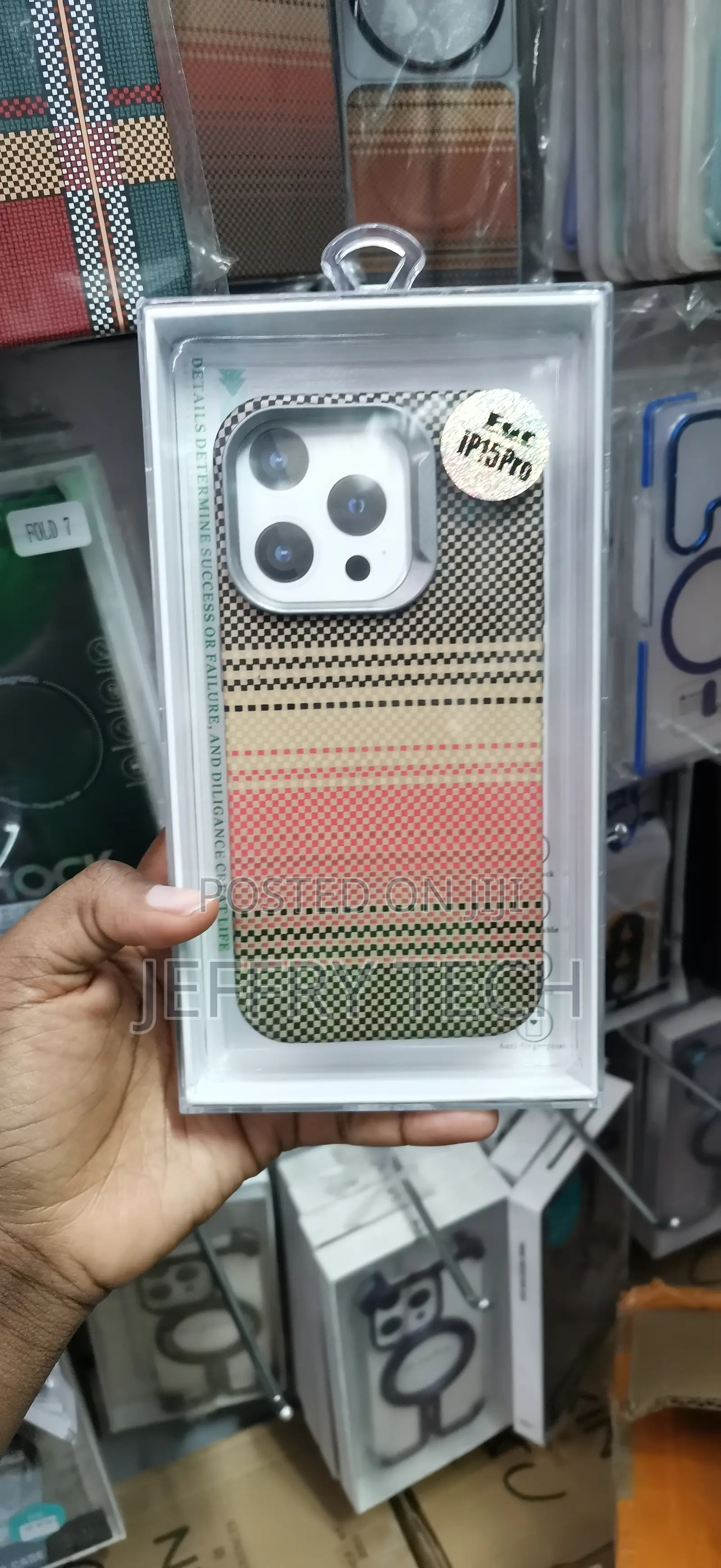 iPhone 15 Pro, Featuring a Colorful Checked Design Case