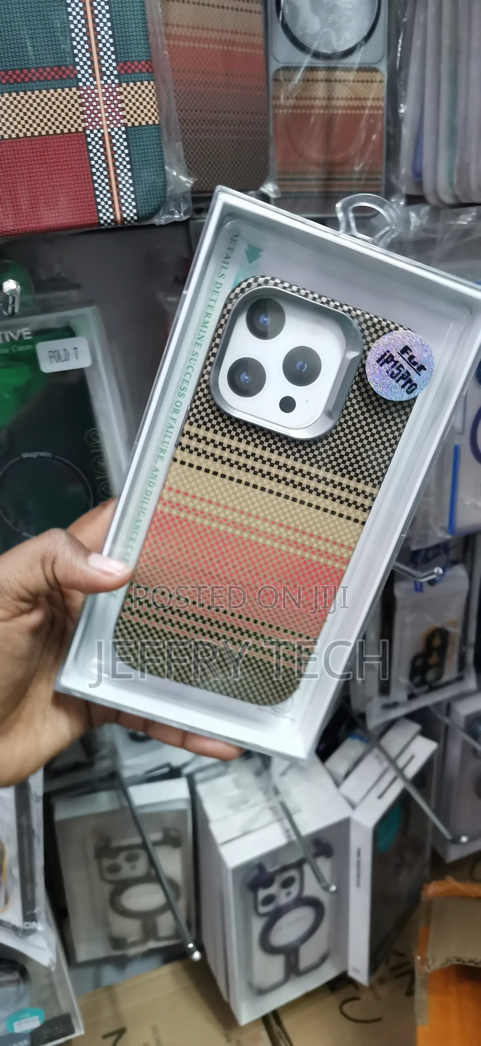 iPhone 15 Pro, Featuring a Colorful Checked Design Case
