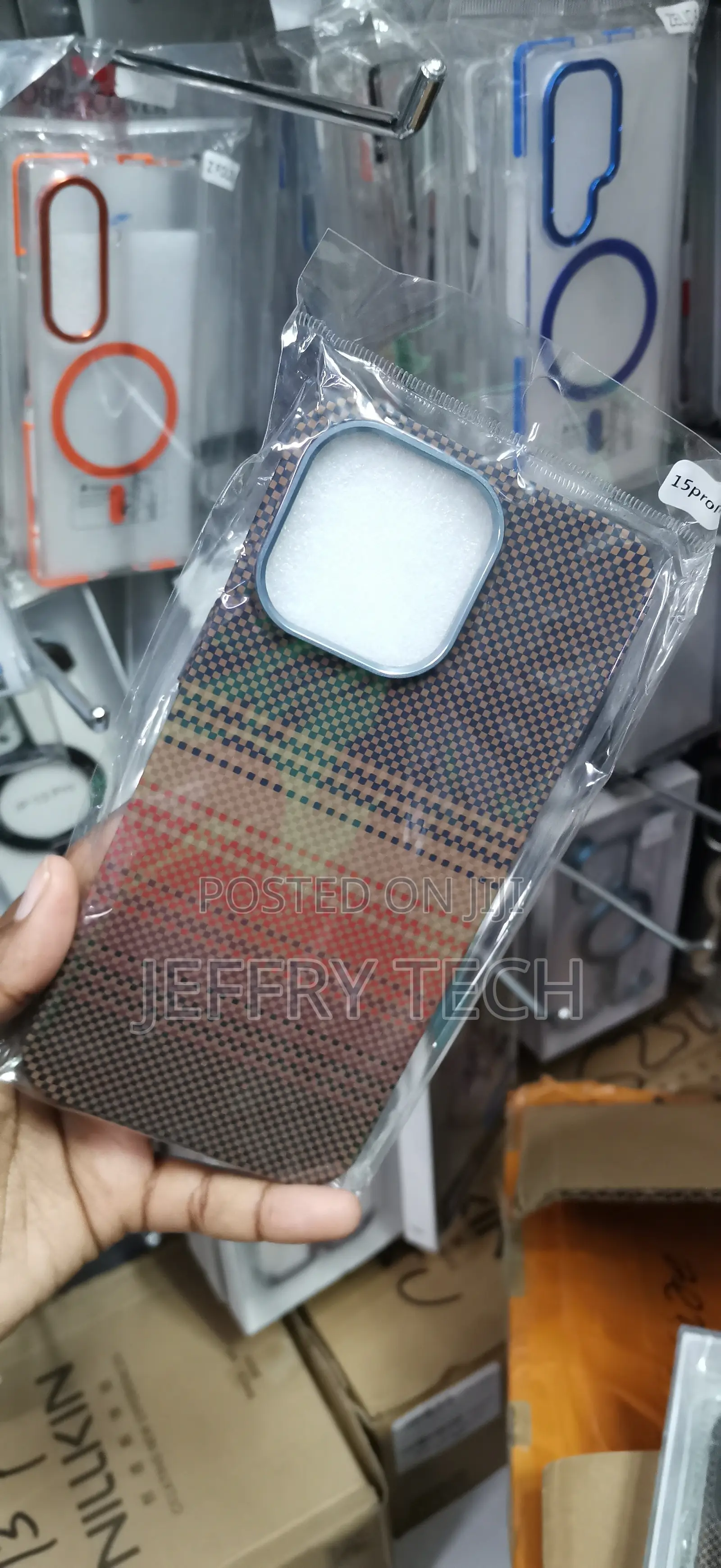 iPhone 15 Pro, Featuring a Checkered and Striped Pattern Cover