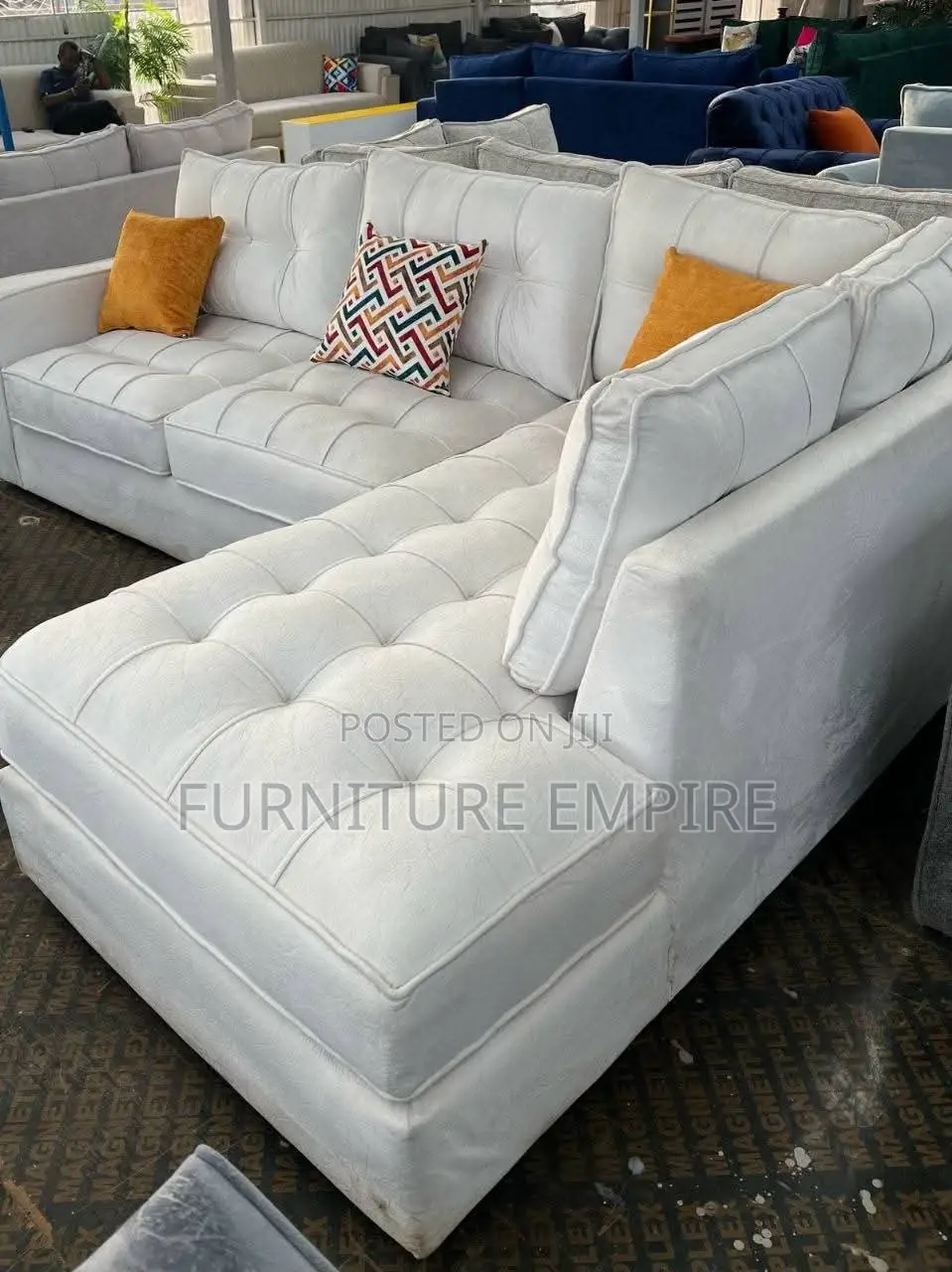 6 Seater L Seat White Tufted Sofa