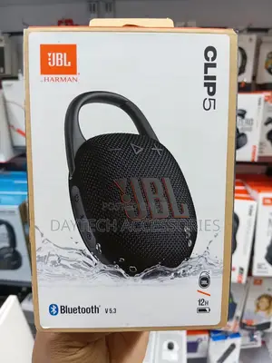 The JBL Clip 5 Ultra-Portable Waterproof Bluetooth Speaker.