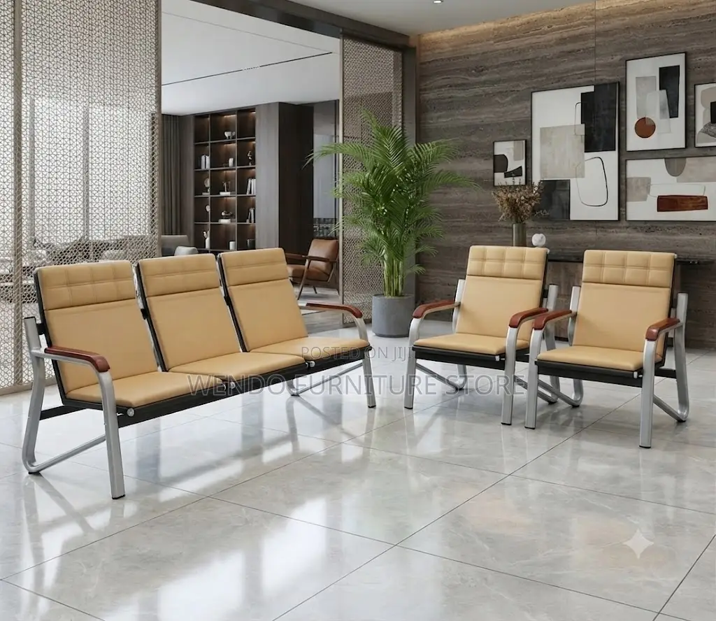 Office Sofa; Five Seater Leather Brown Cushioned Office Sofa Set