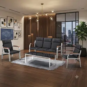 Office Sofa; Five Seater Leather Brown Cushioned Office Sofa Set