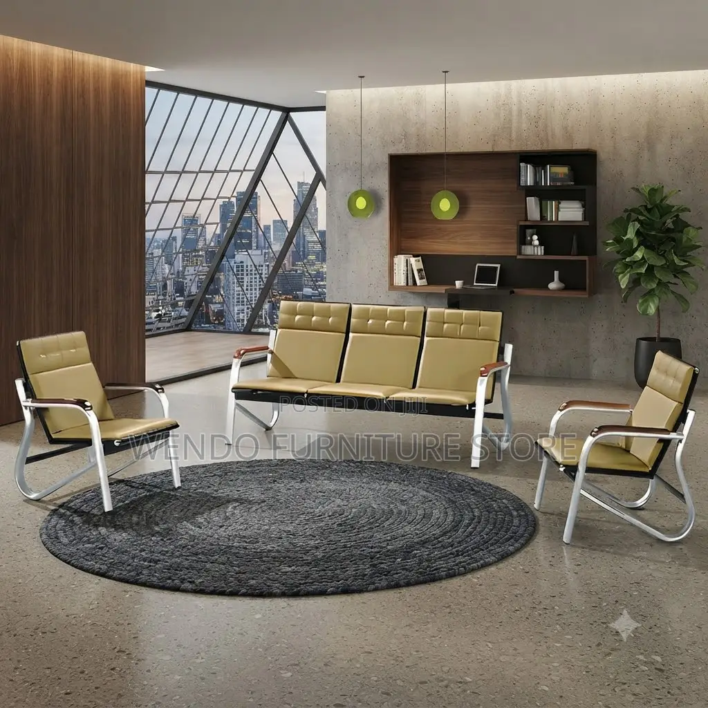 Office Sofa; Five Seater Leather Brown Cushioned Office Sofa Set