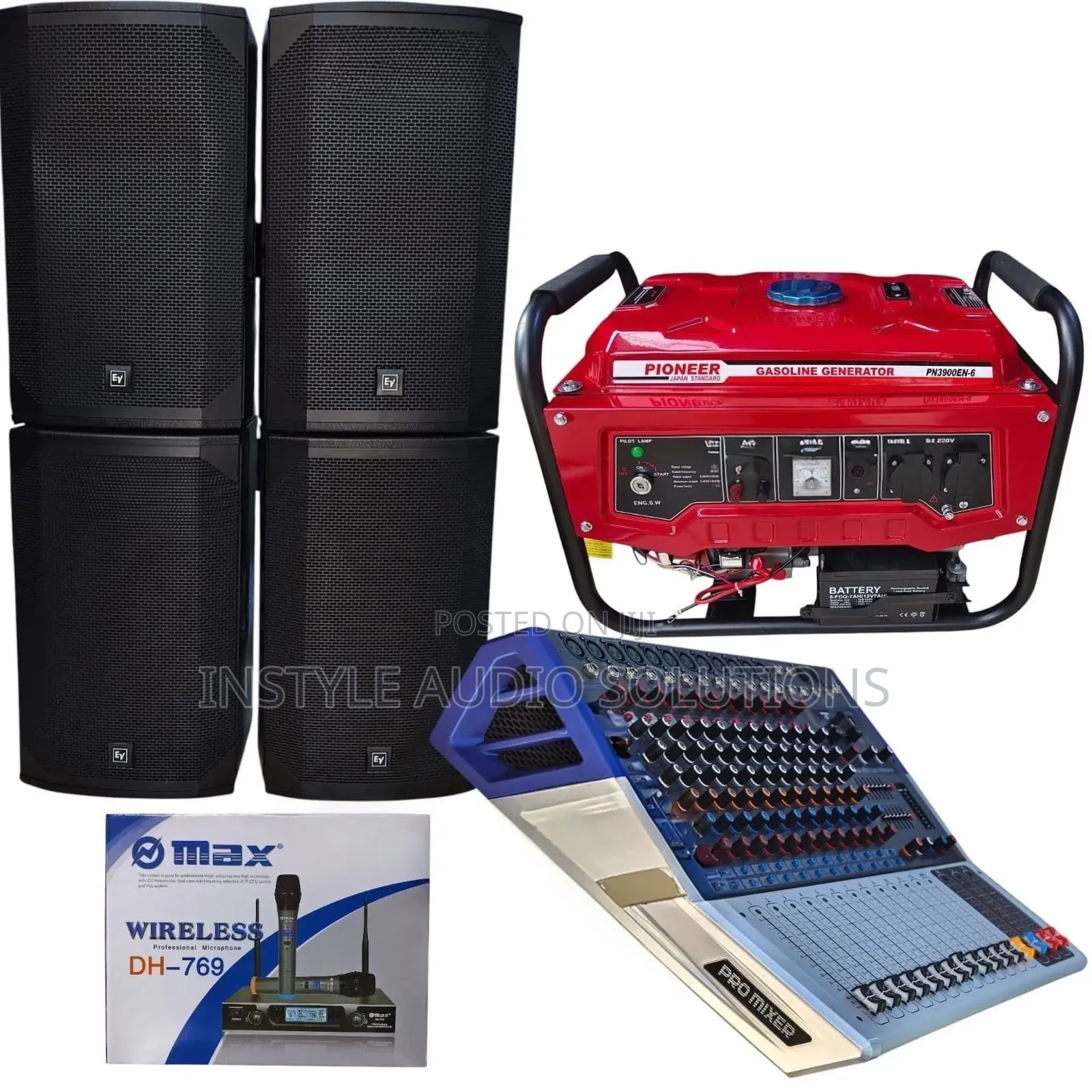 Pro 12 Channels Powered Mixer - (4)Ev USA Mid Speakers -3kva Generator