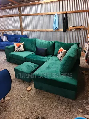 6 Seater L Seat Green Velvet Sofa With Footrest