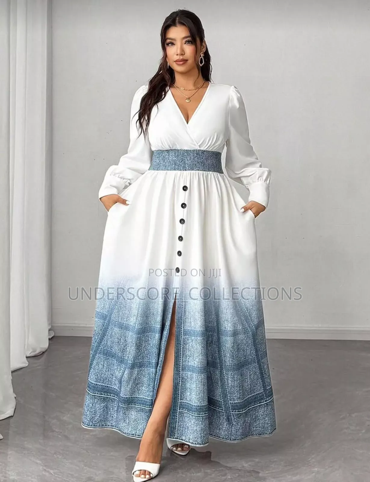 White and Blue Floral Print Maxi Dress
