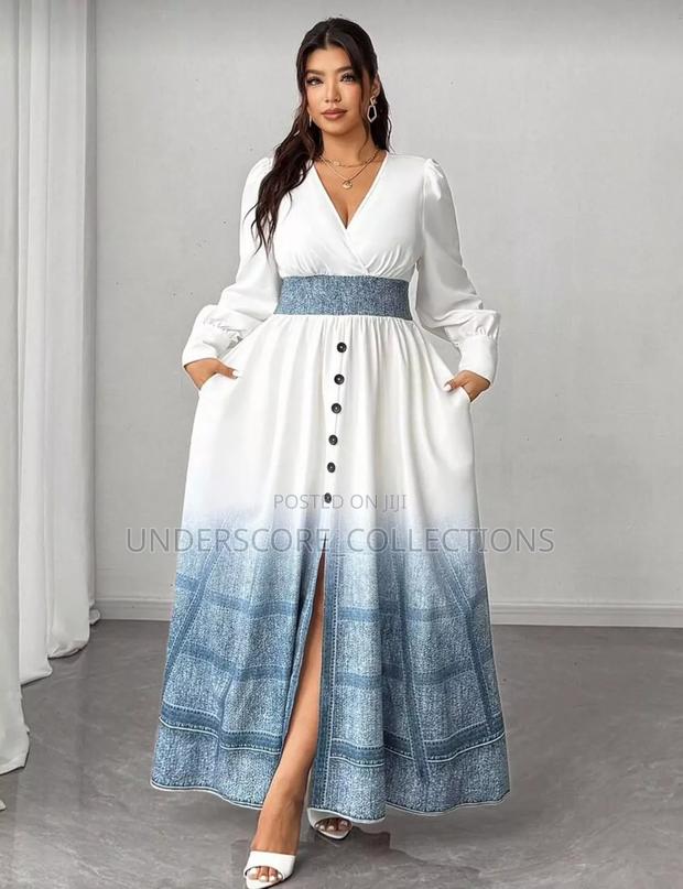 White and Blue Floral Print Maxi Dress