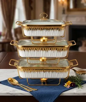3pc CERAMIC CHAFFING DISH White With Gold Details