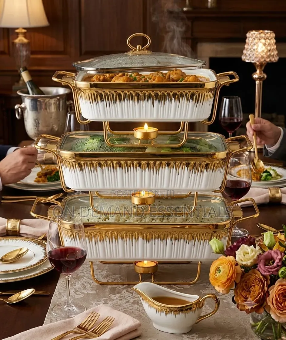 3pc CERAMIC CHAFFING DISH White With Gold Details