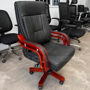 High Back Manager Black Leather Office Chair With Wooden Brown Starbas