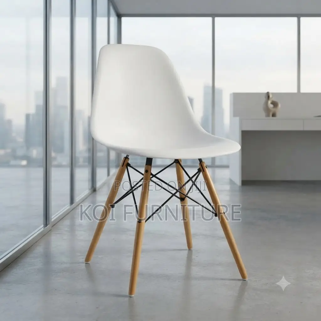 Dining Chairs; Plastic Eames Seat With Wooden Class Legs