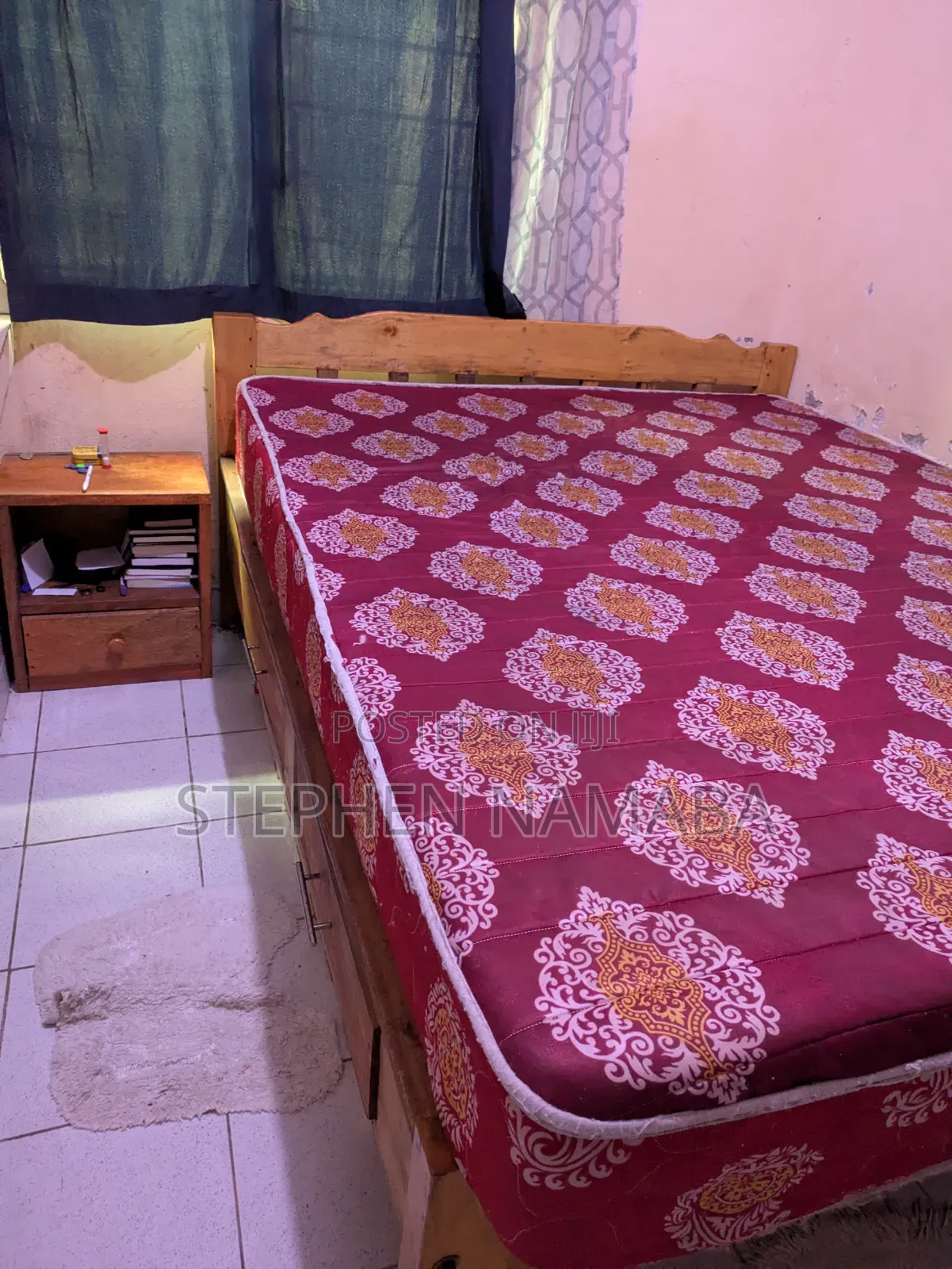 5 by 6 Bed and Mattress With Drawers and Bedside Table